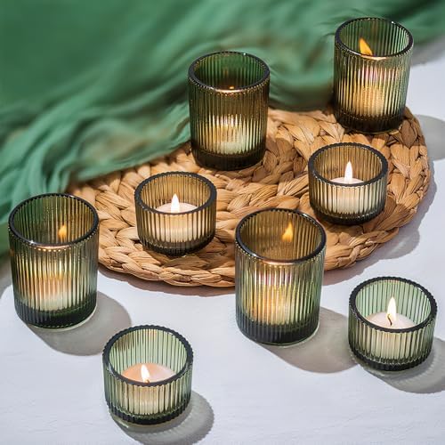 Glasseam Glass Votive Candle Holders: 8 Pcs Ribbed Green Tealight for Decor by Glasseam