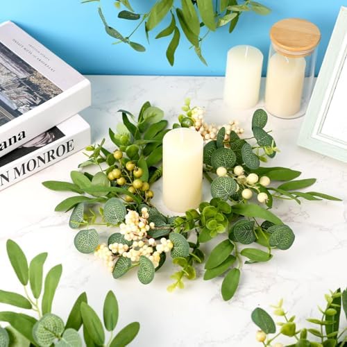 8 Pcs Green Eucalyptus Candle Rings Wreaths Spring Summer Kitchen Cabinet Wreaths Mini Green Berry Leaves Candle Wreath for Pillars Farmhouse Festival Wedding Celebrations Tabletop Decoration - Image 2