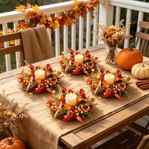 6 PCS Fall Candle Ring Wreaths Artificial Autumn Candle Holder Wreath - Image 5