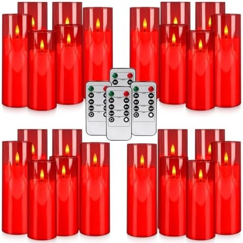 24-Pack Red Flameless LED Candles - Remote Control & Timer, Realistic Flickering for Chinese New Year Decor, Valentine's Day, Romantic Home Ambiance, Fireplace Mantel & Festive Centerpieces by Grcdoyvl