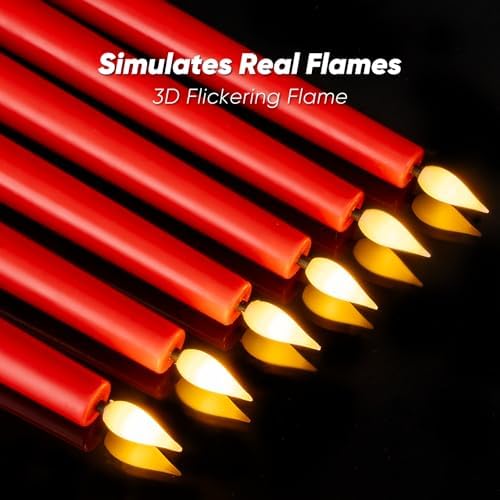 Homemory 12 Pcs Waxy Red Flameless Taper Candles with Remote, Led Flameless Candlesticks Classic Tall Candle, Flickering Battery Operated Taper Candles for Bedroom, Dining Room, 9.6 inches - Image 2