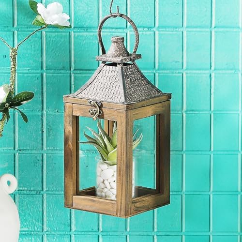 12" High Farmhouse Decorative Lantern, Glass and Metal, Distressed Brown Wood Finish, Rustic Brown Metal Top, Indoor Outdoor Candle Holders (Rustic Brown, 5"x5") - Image 5