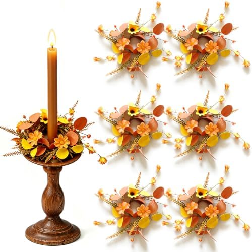 6 Pcs 1.38" Mini Fall Taper Candle Rings Wreaths Small Artificial with Autumn Leaves Flowers Wheat Stems Berries Taper Candle Holder Wreath for Thanksgiving Harvest Day Home Candlesticks Table by Unknown