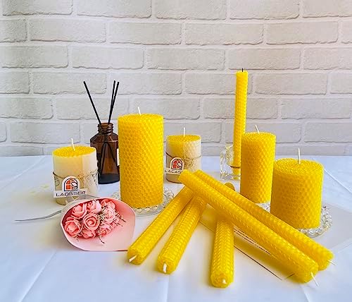 Lacaser Beeswax Tapered Candles Yellow 12pcs, 6 Pairs Unscented candlesticks Set, 9" Long, Natural Beeswax Sheet Handrolled, Burning Time 4 Hours, for Dinner Table Decoration - Image 3