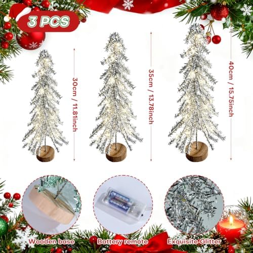 3 Pcs Mini Christmas Tree with Lights, Artificial Bottle Brush Trees with Wooden Bases Christmas Table Decor Small Trees with LED Light String for Decorations，Silver - Image 4