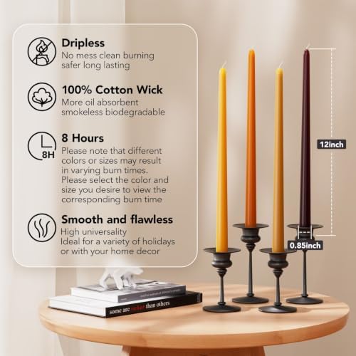 12-Inch Unscented Dripless Taper Candles - Fall Taper Candles Bulk 12 Pack for Dinner - Smokeless, 8-10 Hour Burning - Mixed Candlesticks - Burgundy, Caramel, Blaze, Ochre - Image 2