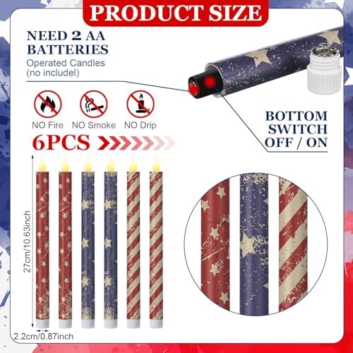 Honoson 6 Pcs 4th of July Patriotic Flameless Taper Candle 10.6" Distressed - Image 2