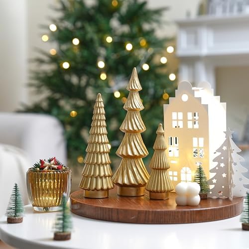 Gold Christmas Tree Decor, Small Resin Christmas Tree Figurines - Image 3