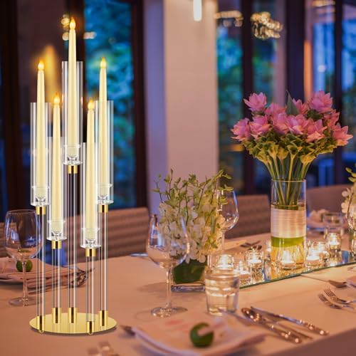 Barydat 4 Pcs Acrylic Candelabra Centerpieces Candle Holder Crystal 5 Arm Candlesticks Holder with Acrylic Shade Pillar Taper Candlestick for Wedding Dinner Party Fit 0.87" LED Candle(Gold,2 Pcs) - Image 6