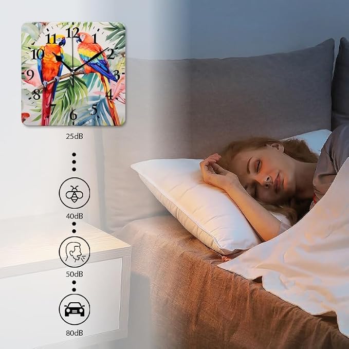 Quartz Wall Clocks Non-Ticking Silent Battery Operated Modern Wall Clocks Decorative for Home,Bedroom-Watercolor Painting of Beautiful Tropical Parrots(10inch)