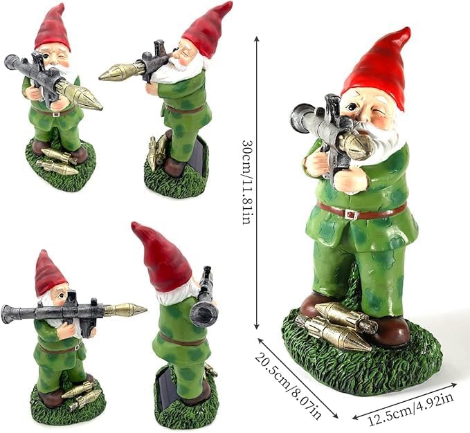 Large Garden Gnome Statue with Guns, Solar Military Army Soldier Guardian Hunter Gnome Garden Decoration Figurine Lights Porch Decor Valentine's Day Men Gift Scale War Combat Guards Patriotic Dwarves