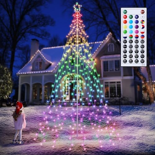 Lomotech RGB Color Changing Christmas Tree Lights - 10Ft 404 LED with 7.08" Topper, Remote Controll Waterproof Iron Pole Waterfall Holiday Tree Lights for Outdoor Christmas Decorations by Lomotech