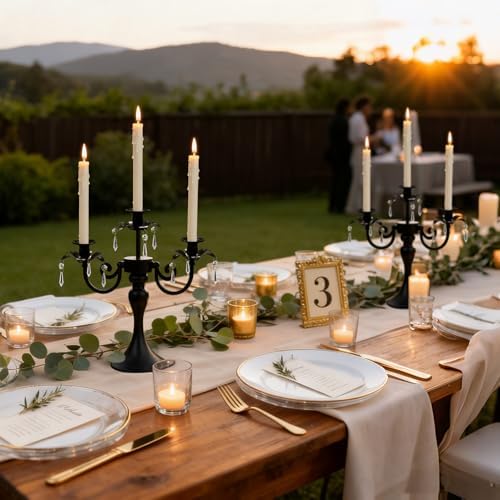 Metal 3 Arm Candelabra with Crystal Pendants - 11.8 Inch Tall Candle Holders, Set of 2 - Elegant Taper Candlestick Stand for Wedding, Dining Table, Christmas Party Home Decoration (2, Black) - Image 6