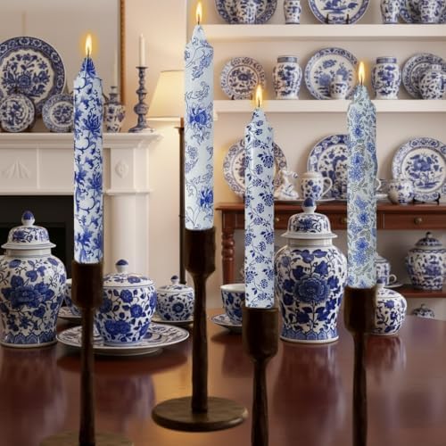 Flowers Printed Candle Taper Candles 9 inch - 4 Pack Blue and White Porcelain Candle Dripless, Smokeless, Unscented Tall Candlesticks - Perfect for Home Decor, Weddings, and Special Occasions - Image 3