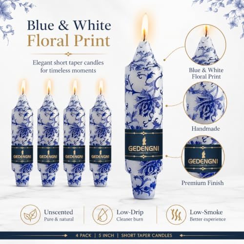 Blue White Floral Taper Candles 5 Inch, 4 Pack Chinoiserie Decor - Image 2