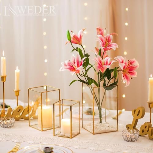 Hurricane Glass Candle Holder: Large Gold Lanterns Set of 3 - Image 2