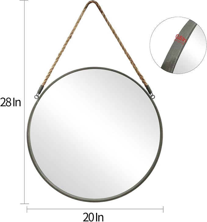 POZINO 20 Inch Round Mirror with Grey Metal Frame, Hanging Mirror for Wall | Circle HD Mirror with Jute Rope, Anti-Rust, Farmhouse Decorative Wall Mirror for Entryway, Living Room, Fireplace, Bathroom