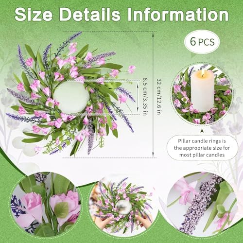 6 PCS Spring Summer Artificial Flowered Wreath Candle Rings Forsythia Lavender Candle Rings Pillar Holder Wreath Mini Floral Candle Rings Wreaths Kitchen Cabinet Swags for Wedding Home Tabletop Decor - Image 3