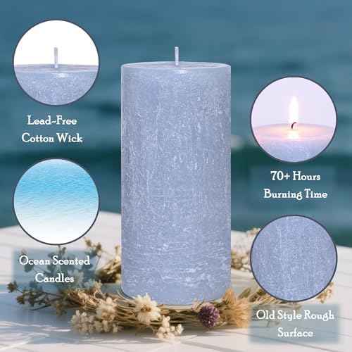 Ocean Scented Candles, Gray Blue Pillar Candles Set of 3 Tall in 3X6 Inch, Long Clean Burning Smokeless & Dripless Aromatherapy Candles for Home Decor - Image 3
