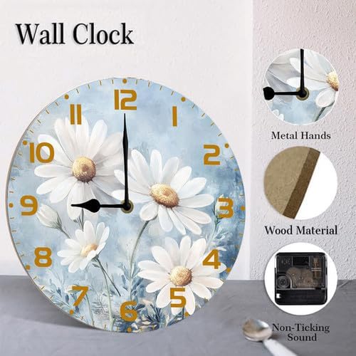 Chamomile Flowers Daisies Wooden Silent Non-Ticking 10 Inch Round Clocks Battery Operated Analog for Living Room Kitchen Bedroom Bathroom Office Home School Decor