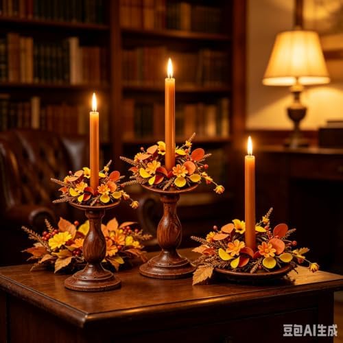 6 Pcs 1.38" Mini Fall Taper Candle Rings Wreaths Small Artificial with Autumn Leaves Flowers Wheat Stems Berries Taper Candle Holder Wreath for Thanksgiving Harvest Day Home Candlesticks Table - Image 3