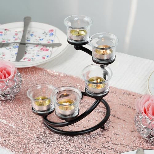 2Pcs Black 5-arm Metal & Glass Tea Light Candle Holders for Table Centerpiece, Glass Votive Tealight Holders/Candelabra Candlestick Holders for Wedding,Party, Anniversary,Christmas - Image 5
