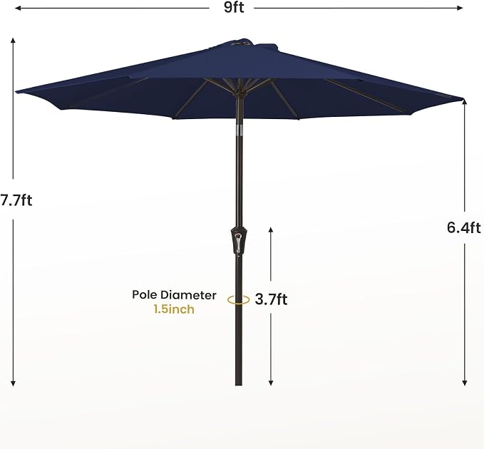 MEWAY 9ft Patio Umbrella Outdoor Table Umbrellas with Push Button Tilt and Crank, Market Umbrella 8 Sturdy Ribs for Deck, Garden, Pool and Backyard, Navy