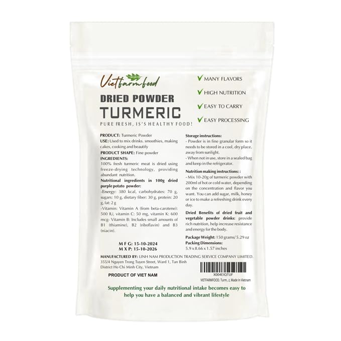 TUMERIC POWDER 5.29 Oz (150g) VIETFARMFOOD: Natural pure, convection dried seasoning made from real vegetables - perfect for adding flavor to any meal, from cooking, baking, salads, soups, sauces