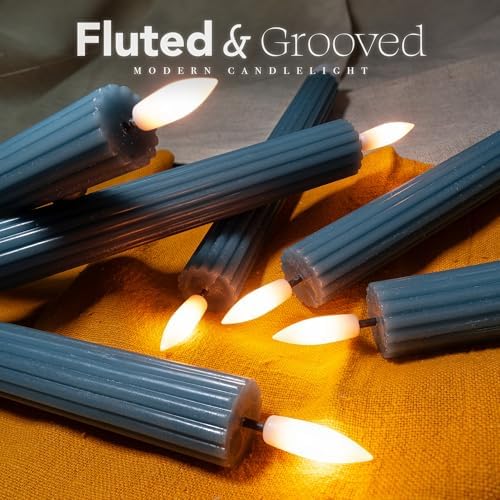 6 Pack, 10" LED Flameless Real Wax Blue Fluted Ribbed Grooved Taper Candles, Remote & 24h Timer Memory, On/Off Button, Dimmable, Flicker Mode, Battery Operated, Wedding - Image 3