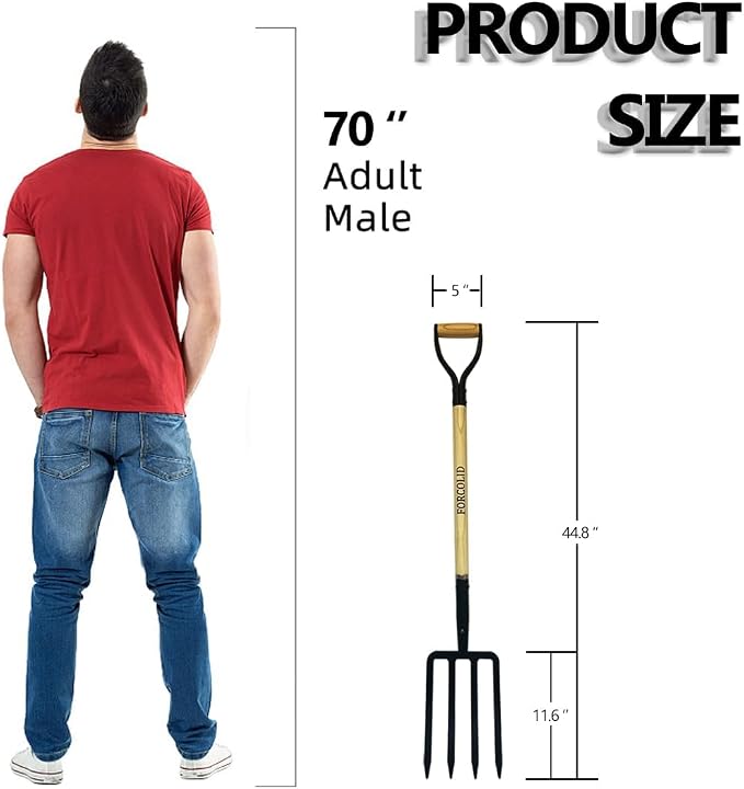 Garden Fork, 4-Tine Spading Digging Fork, Pitch Fork-45Inch, Forged Steel Y-Grip, Wood Handel-Red