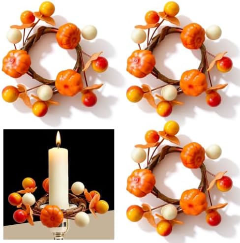 4 PCS Fall Taper Candle Rings 1.38" Mini Artificial Pumpkin Berry Taper Candle Holder Wreaths Thanksgiving Harvest for Pillar Candles Candlesticks Table Centerpieces Rustic Autumn Farmhouse Home Decor by Unknown