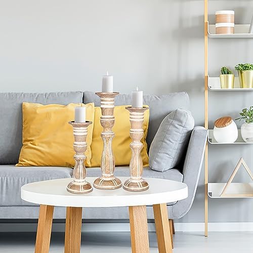 Wooden Candle Holder Set of 3, Tall White Antique Pillar Candle Holders, Rustic Farmhouse Decor, Brown Wooden Candle Stands for Home Decoration - 16, 14, 12 Inch Height - Image 3