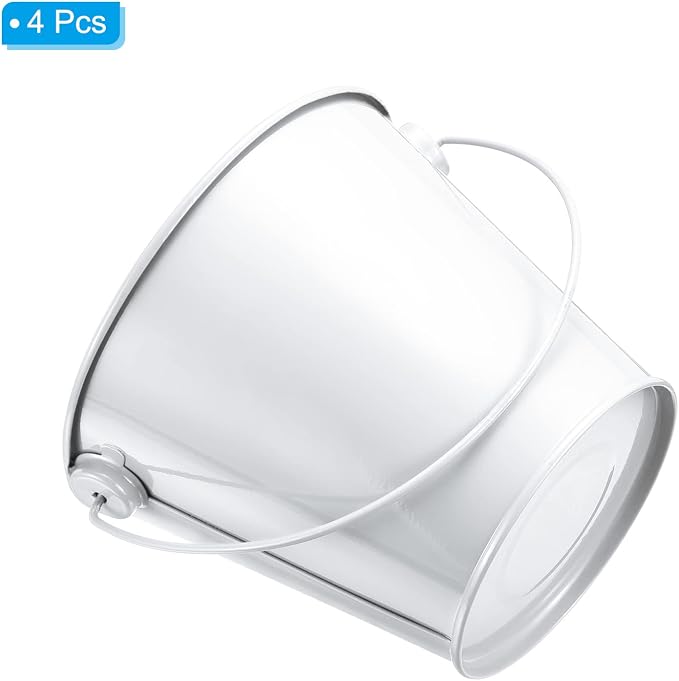 PATIKIL 4.7 Inch Colored Metal Buckets, 4 Pack Pencil Holder Buckets Round Metal Planter Pails Container with Handles for Classroom Crafts, White