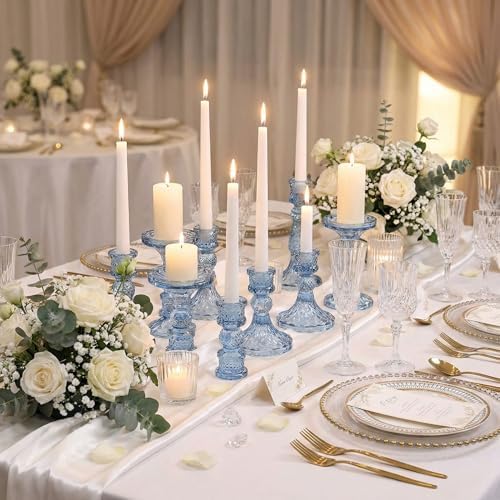 Glass Candle Holder Set of 12, Blue Taper Candle Holders Bulk - Image 2