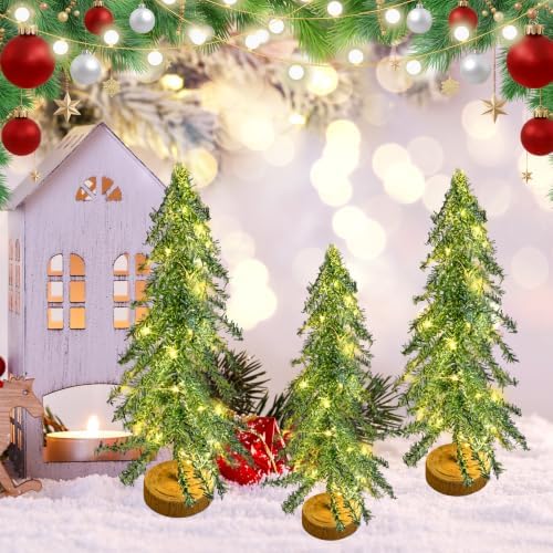 3 Pcs Mini Christmas Tree with Lights, Artificial Bottle Brush Trees with Wooden Bases Christmas Table Decor Small Trees with LED Light String for Decorations，Green by Unknown