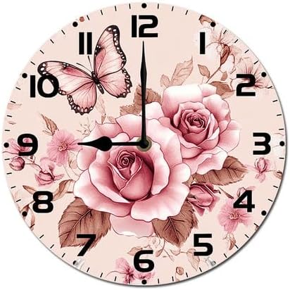 Butterfly Rose Flower Wooden Silent Non-Ticking 10 Inch Round Clocks Battery Operated Analog for Living Room Kitchen Bedroom Bathroom Office Home School Decor