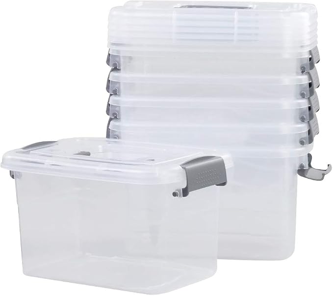 6-Pack Home Storage Bins, Plastic Container, Latching Box with Handle (Grey handle)