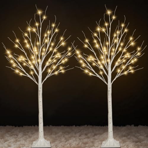 2 Pack 4FT Lighted Birch Trees, 96 LED Twinkling Trees, 2 Lighting Modes by SANJICHA