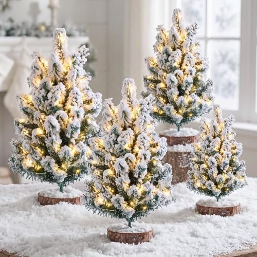 Set of 4 Pre-lit Snow Flocked Mini Christmas Trees for Table by Unknown