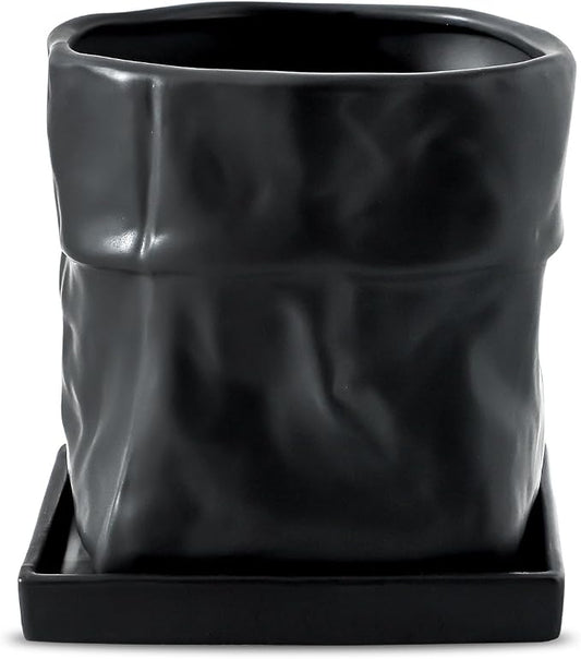 Nihow 6 Inch Ceramic Plant Pot with Drainage & Square Saucer,Black | Bag Shape Design,Indoor & Outdoor，Living room/Office/Bedroom/Windowsill/Tabletop，Plant Lovers/Gardeners/Beginners