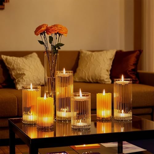 yshengood 6 Pcs Glass Hurricane Candle Holder Ribbed Glass Candle Holder - Elegant & Easy to Use, Perfect for Wedding, Holiday, Party Decor, Home and Event Essential by yshengood
