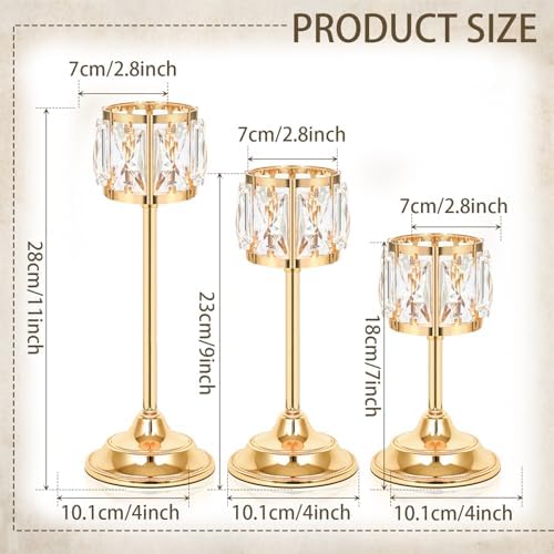 Set of 3 Metal Crystal Candle Holders, 11/9/7 Inch Elegant Tealight Candelabra Centerpiece for Wedding Table Decor, Tiered Home Party Decoration (12, Gold-11+9"+7") - Image 2