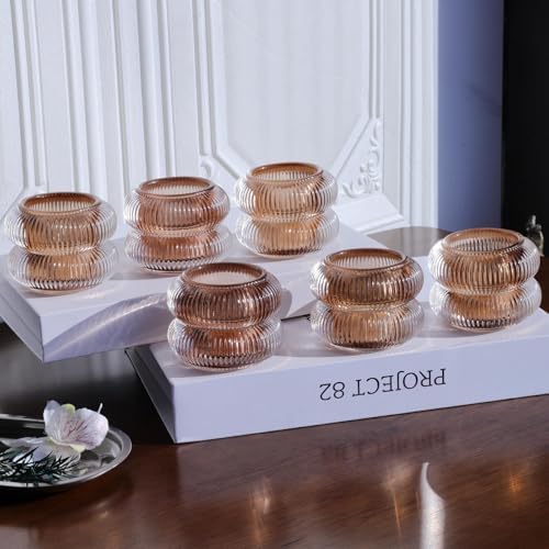 Woho Amber Votive Candle Holders, Ribbed Tealight Candle Holder Set of 6 - Image 2