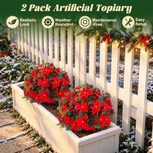 2PCS Poinsettia Pine Cone Topiary Trees with Spike Christmas Decor - Image 5