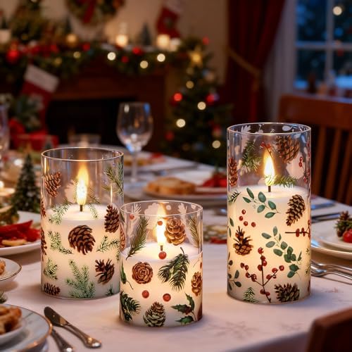 Christmas Pinecone LED Glass Flameless Candles Battery Operated Remote - Image 3