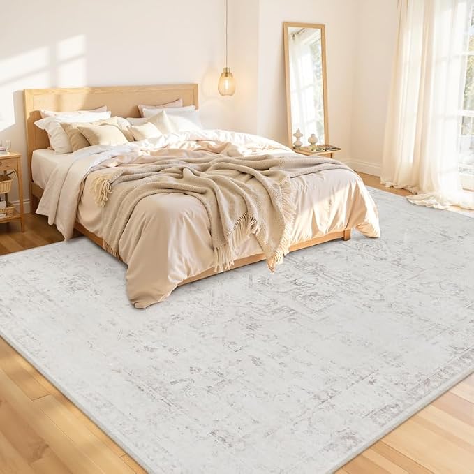 8x10 Area Rugs Living Room: Bedroom Washable Carpet Neutral Cream | Large Vintage Boho Indoor Decor Carpets Soft Nursery Farmhouse Dining Room Office Floor Non-Slip Low Pile Under Table Rug
