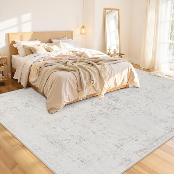 10x14 Area Rugs Living Room: Bedroom Washable Carpet Neutral Cream | Large Vintage Boho Indoor Decor Carpets Soft Nursery Farmhouse Dining Room Office Floor Non-Slip Low Pile Under Table Rug