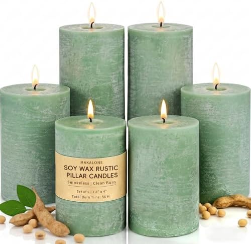 Sage Green Pillar Candles 6 Pack,2.8x4 Inch Unscented Soy Wax by MAKALONE