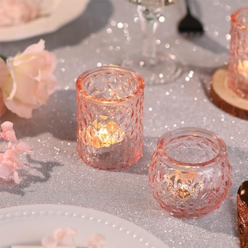 DARJEN Pink Votive Candle Holders Set of 24- Round Glass Candle Holders Bulk for Flameless LED Tea Waxes, Romantic Candle Holder for Wedding & Various Parties, Home Table Decor - Image 3