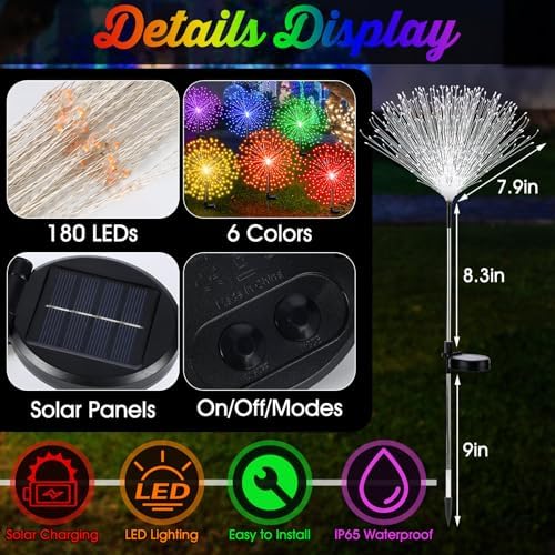 Tujoe 6 Pcs Christmas Solar Firework Stake Lights 180 LED 8 Modes Solar - Image 2